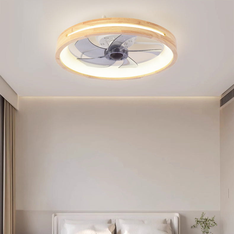 Traditional Japanese Solid Wood Round LED Flush Mount Ceiling Fan Light