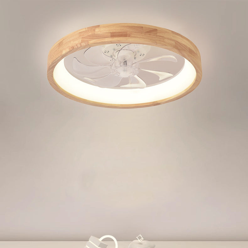 Traditional Japanese Solid Wood Round LED Flush Mount Ceiling Fan Light