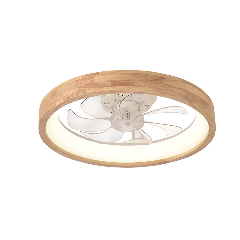 Traditional Japanese Solid Wood Round LED Flush Mount Ceiling Fan Light