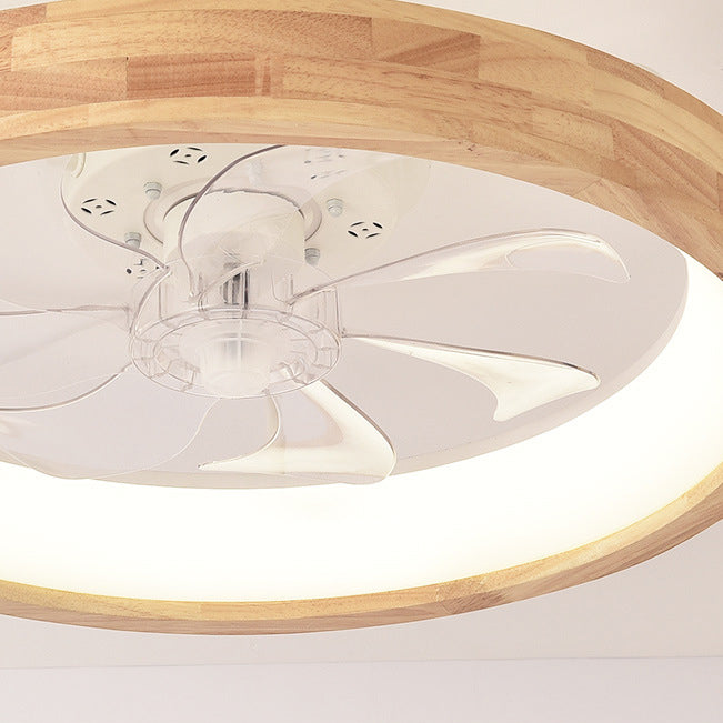 Traditional Japanese Solid Wood Round LED Flush Mount Ceiling Fan Light