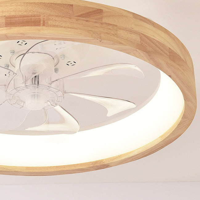 Traditional Japanese Solid Wood Round LED Flush Mount Ceiling Fan Light
