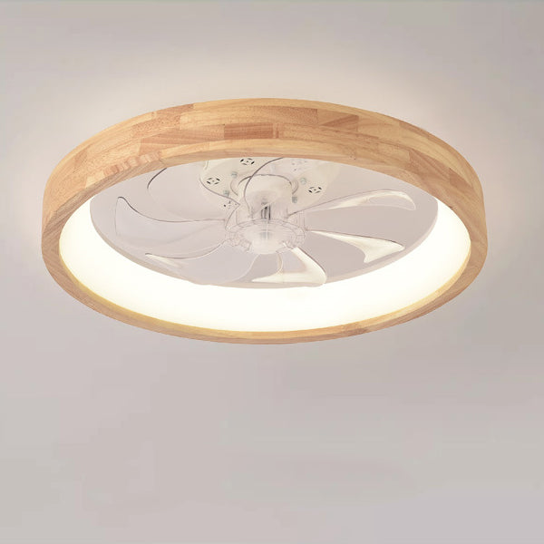 Traditional Japanese Solid Wood Round LED Flush Mount Ceiling Fan Light