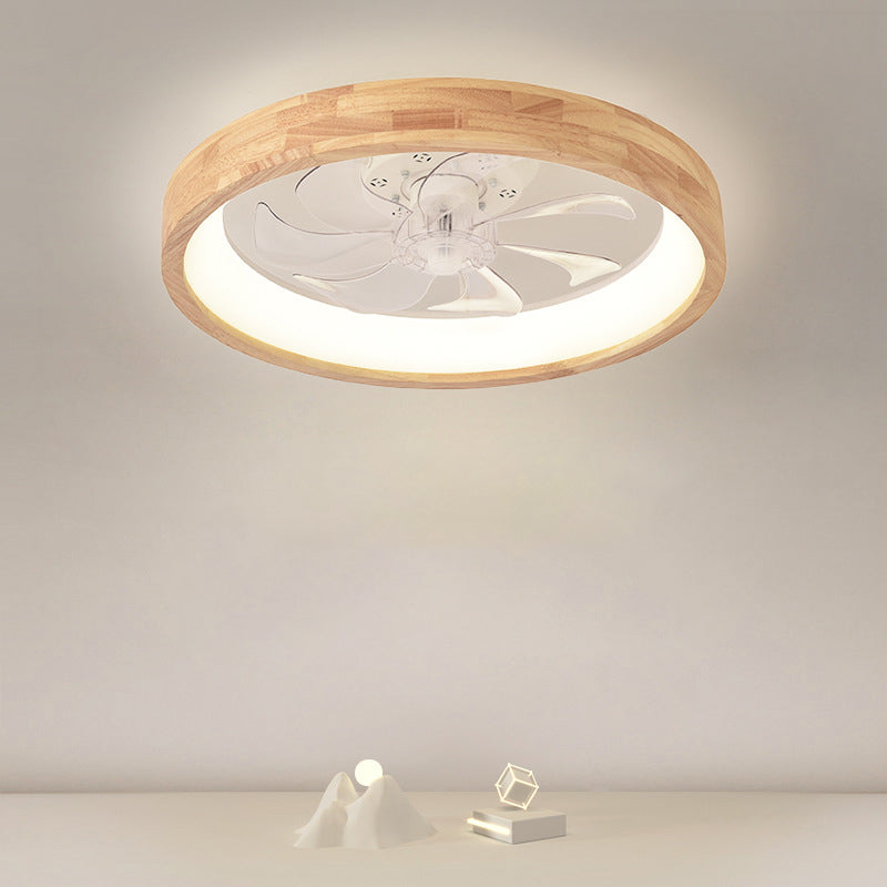 Traditional Japanese Solid Wood Round LED Flush Mount Ceiling Fan Light