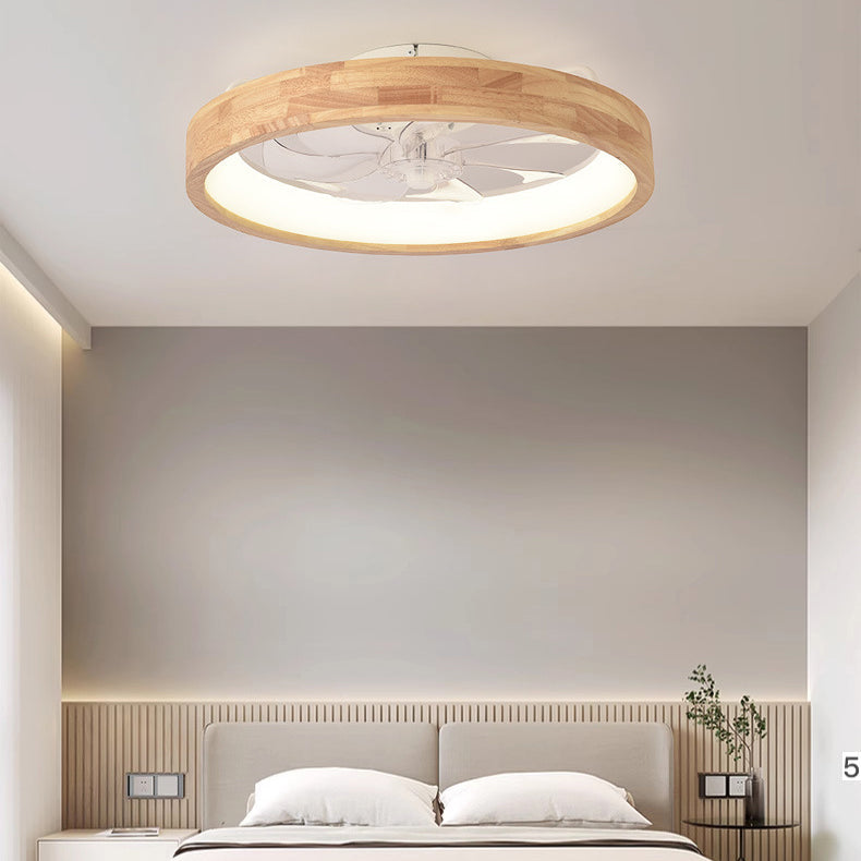 Traditional Japanese Solid Wood Round LED Flush Mount Ceiling Fan Light