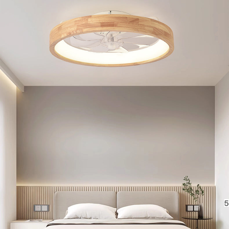 Traditional Japanese Solid Wood Round LED Flush Mount Ceiling Fan Light