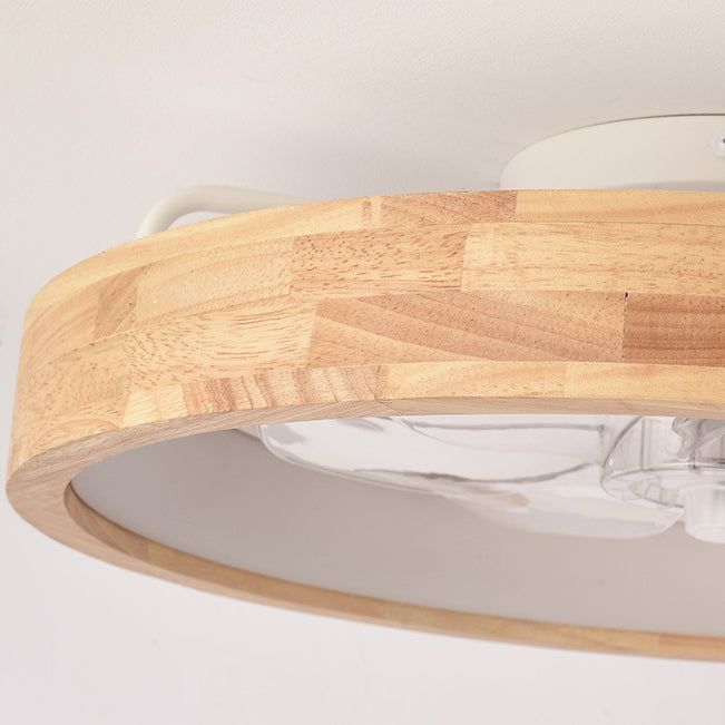 Traditional Japanese Solid Wood Round LED Flush Mount Ceiling Fan Light