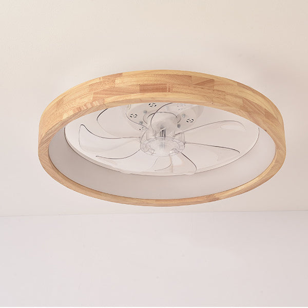 Traditional Japanese Solid Wood Round LED Flush Mount Ceiling Fan Light