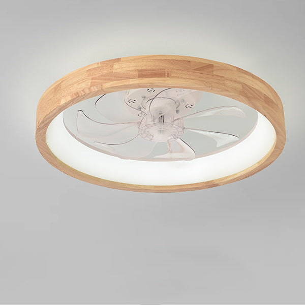 Traditional Japanese Solid Wood Round LED Flush Mount Ceiling Fan Light
