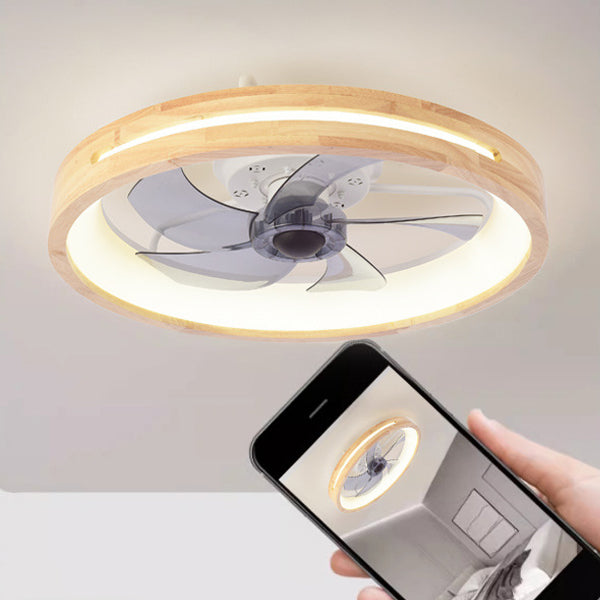 Traditional Japanese Solid Wood Round LED Flush Mount Ceiling Fan Light