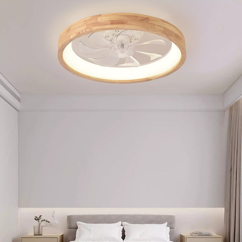 Traditional Japanese Solid Wood Round LED Flush Mount Ceiling Fan Light