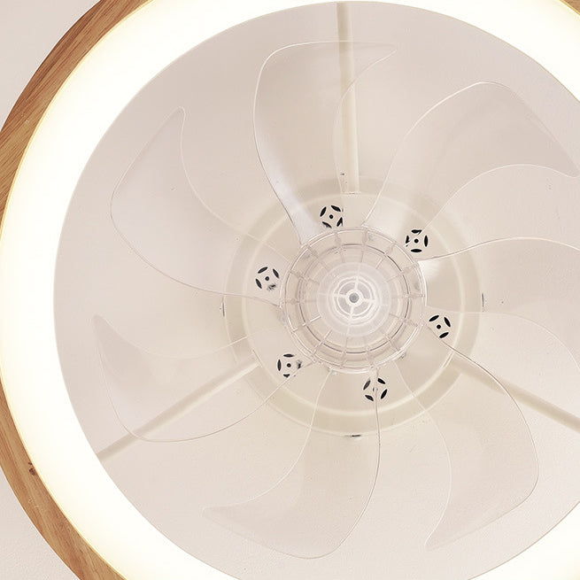 Traditional Japanese Solid Wood Round LED Flush Mount Ceiling Fan Light