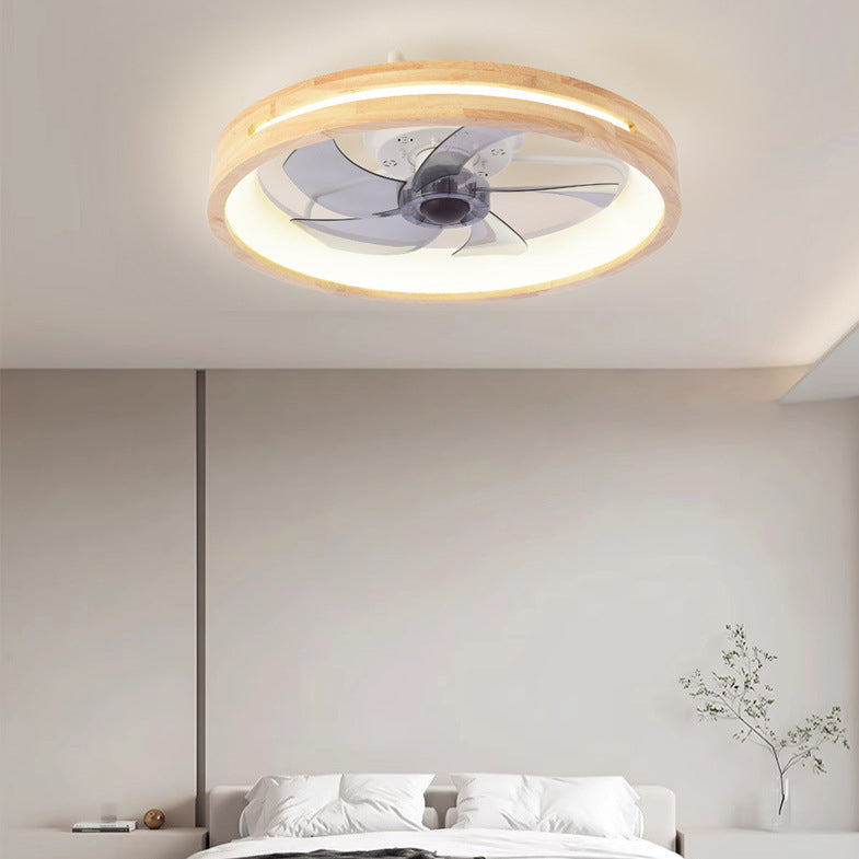 Traditional Japanese Solid Wood Round LED Flush Mount Ceiling Fan Light