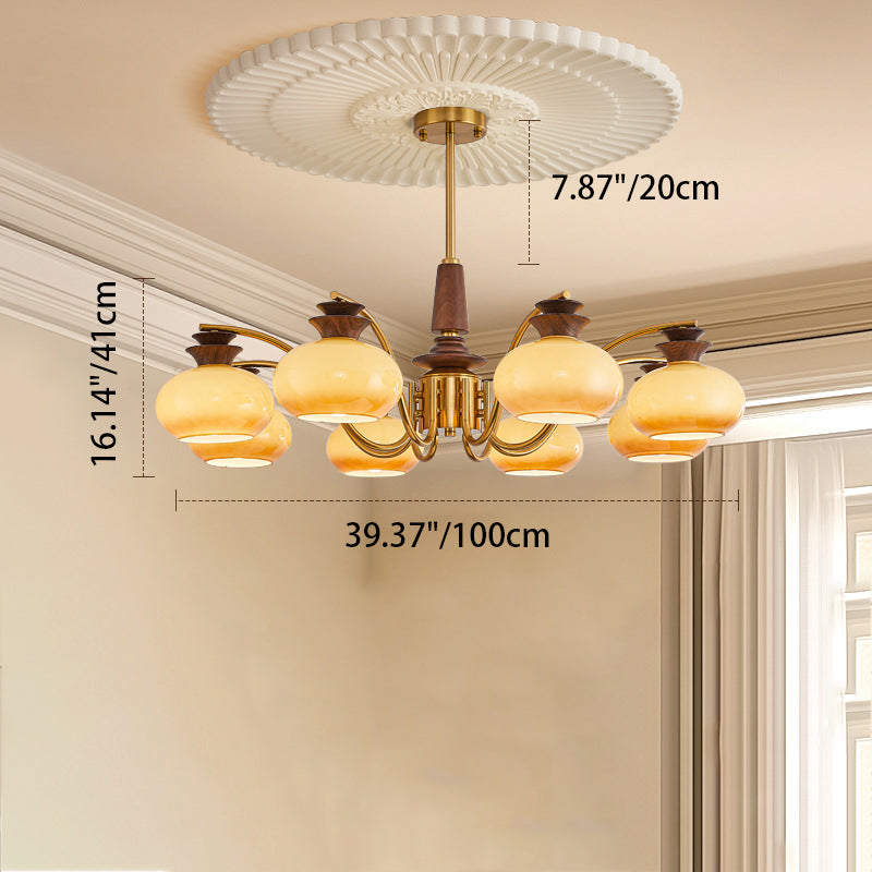 Vintage Oak and Iron Glass Round Chandelier for Living Room, 6/8 Lights