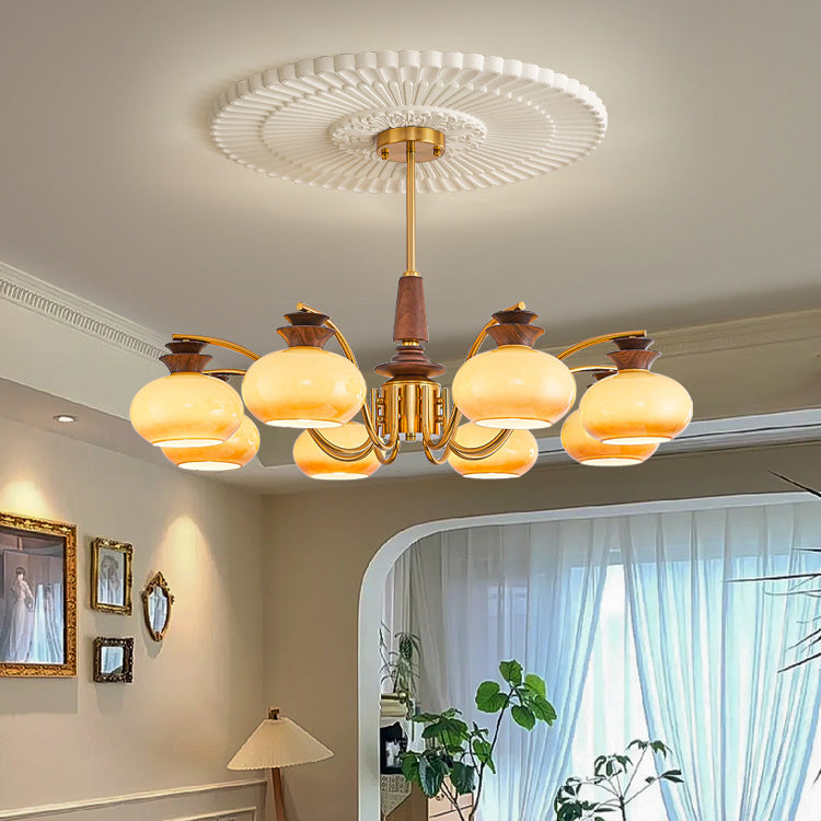Vintage Oak and Iron Glass Round Chandelier for Living Room, 6/8 Lights