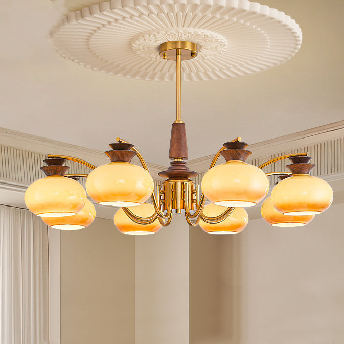Vintage Oak and Iron Glass Round Chandelier for Living Room, 6/8 Lights
