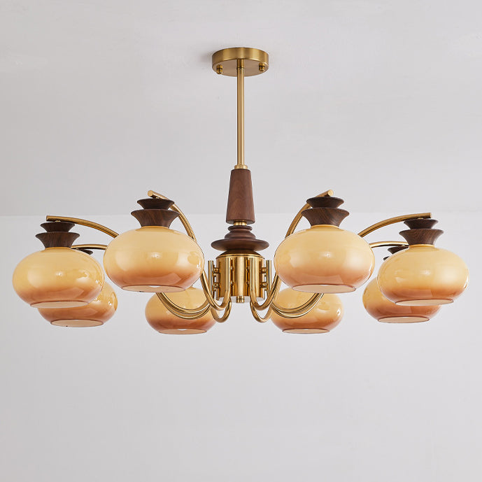 Vintage Oak and Iron Glass Round Chandelier for Living Room, 6/8 Lights