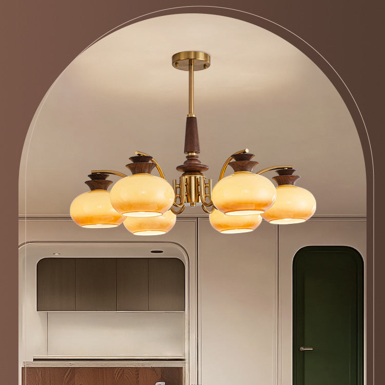 Vintage Oak and Iron Glass Round Chandelier for Living Room, 6/8 Lights