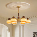 Vintage Oak and Iron Glass Round Chandelier for Living Room, 6/8 Lights