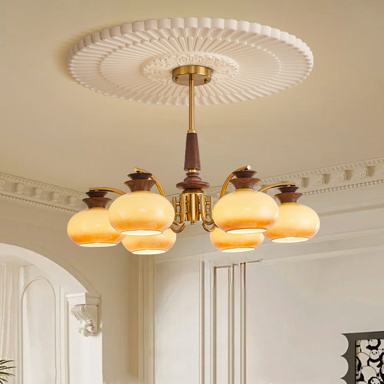 Vintage Oak and Iron Glass Round Chandelier for Living Room, 6/8 Lights