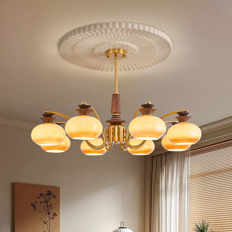 Vintage Oak and Iron Glass Round Chandelier for Living Room, 6/8 Lights