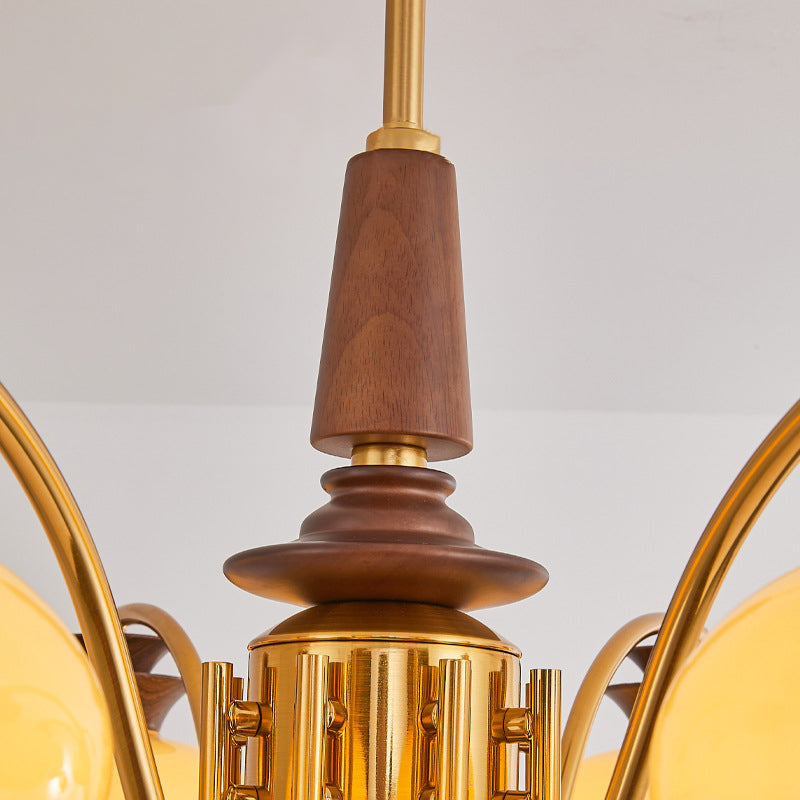 Vintage Oak and Iron Glass Round Chandelier for Living Room, 6/8 Lights