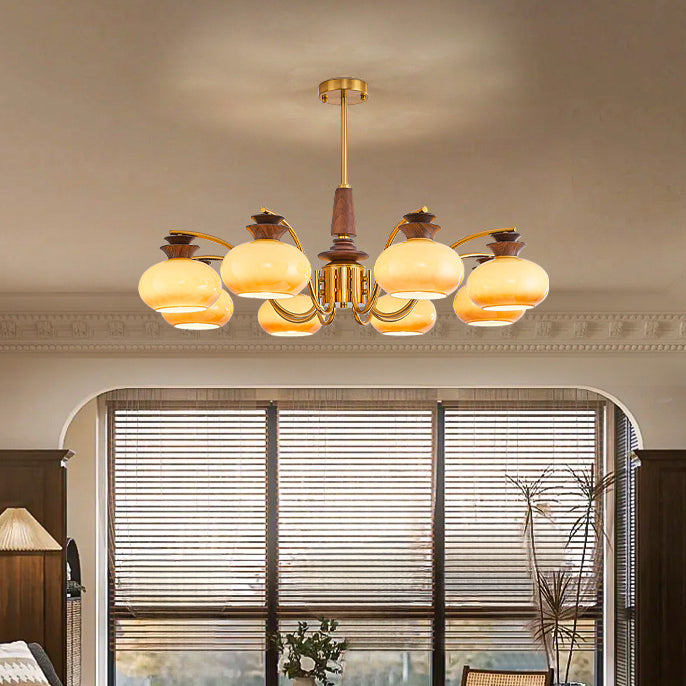 Vintage Oak and Iron Glass Round Chandelier for Living Room, 6/8 Lights