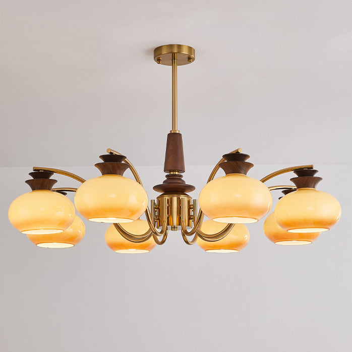 Vintage Oak and Iron Glass Round Chandelier for Living Room, 6/8 Lights