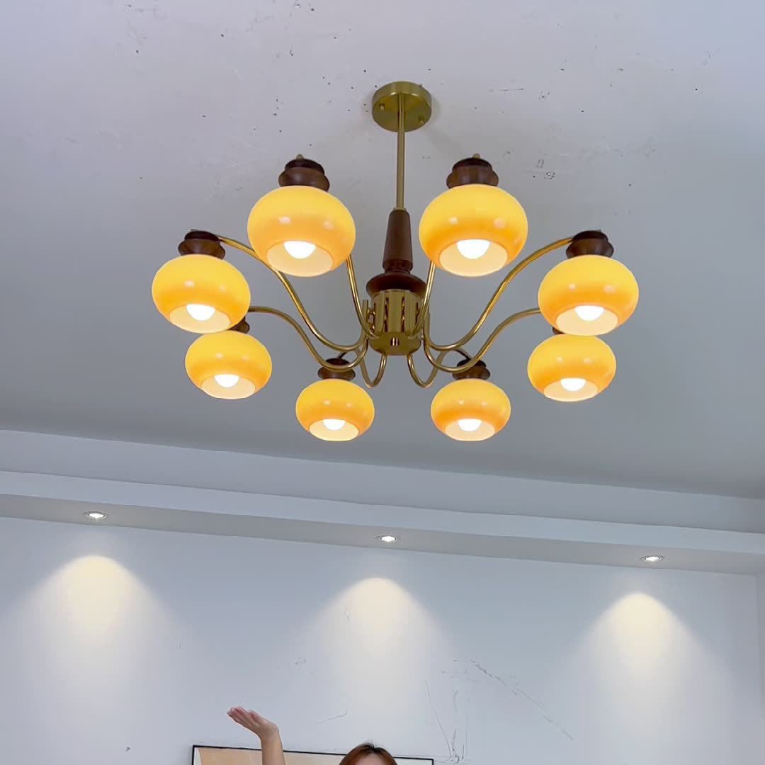 Vintage Oak and Iron Glass Round Chandelier for Living Room, 6/8 Lights