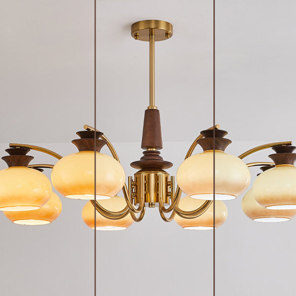 Vintage Oak and Iron Glass Round Chandelier for Living Room, 6/8 Lights