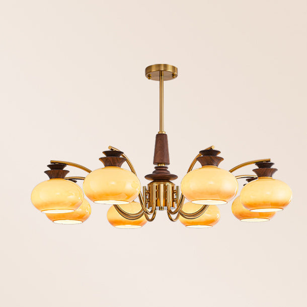 Vintage Oak and Iron Glass Round Chandelier for Living Room, 6/8 Lights