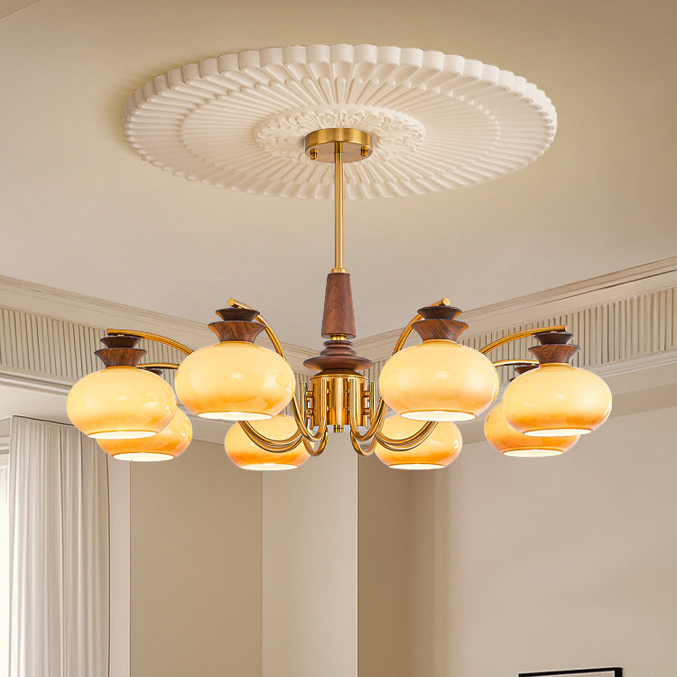Vintage Oak and Iron Glass Round Chandelier for Living Room, 6/8 Lights