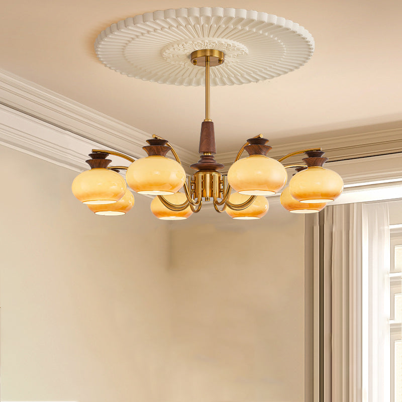 Vintage Oak and Iron Glass Round Chandelier for Living Room, 6/8 Lights