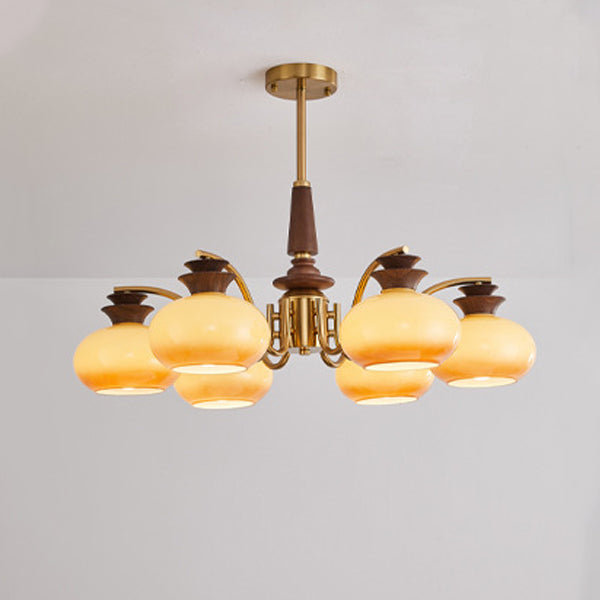 Vintage Oak and Iron Glass Round Chandelier for Living Room, 6/8 Lights
