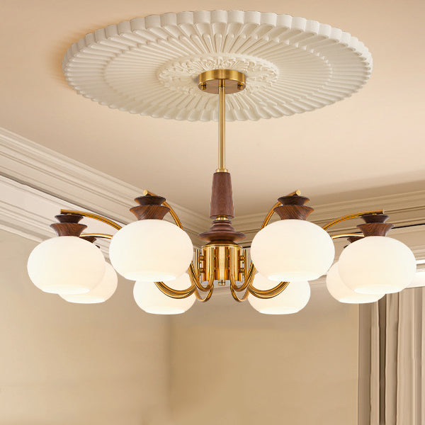 Vintage Oak and Iron Glass Round Chandelier for Living Room, 6/8 Lights