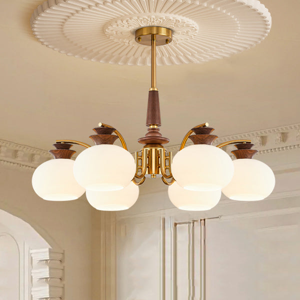 Vintage Oak and Iron Glass Round Chandelier for Living Room, 6/8 Lights