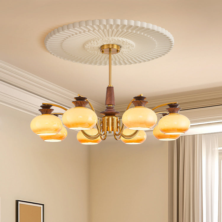 Vintage Oak and Iron Glass Round Chandelier for Living Room, 6/8 Lights
