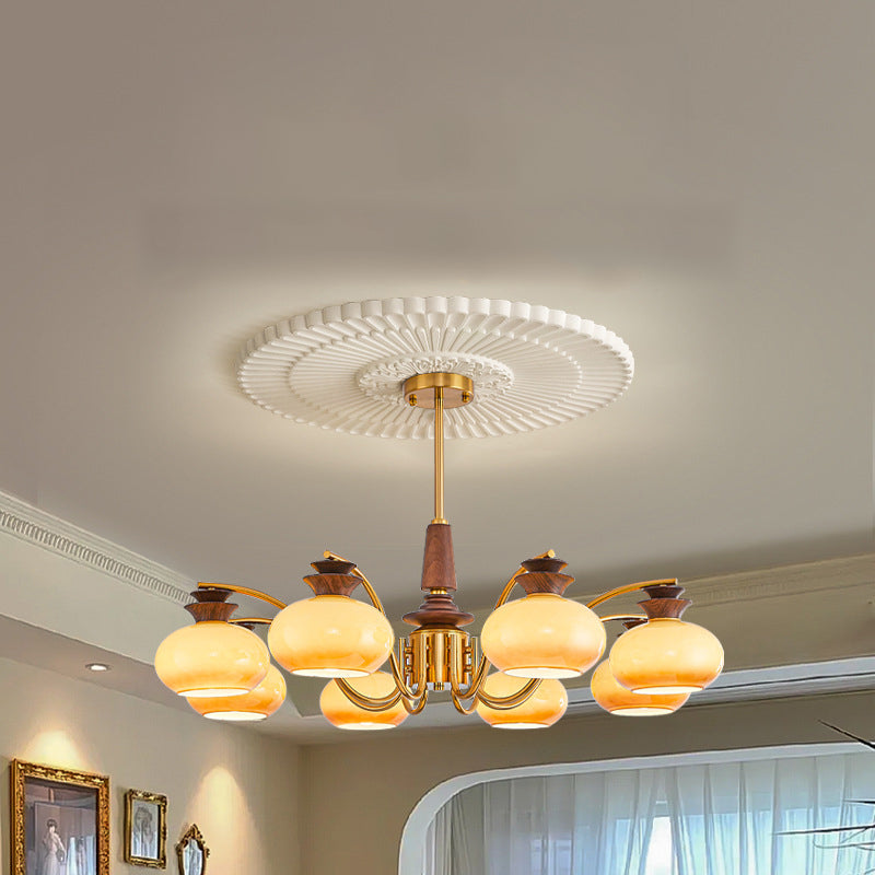 Vintage Oak and Iron Glass Round Chandelier for Living Room, 6/8 Lights