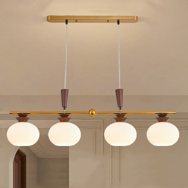 Rustic Vintage Oak Iron Glass 4-Light Round Chandelier for Living Room