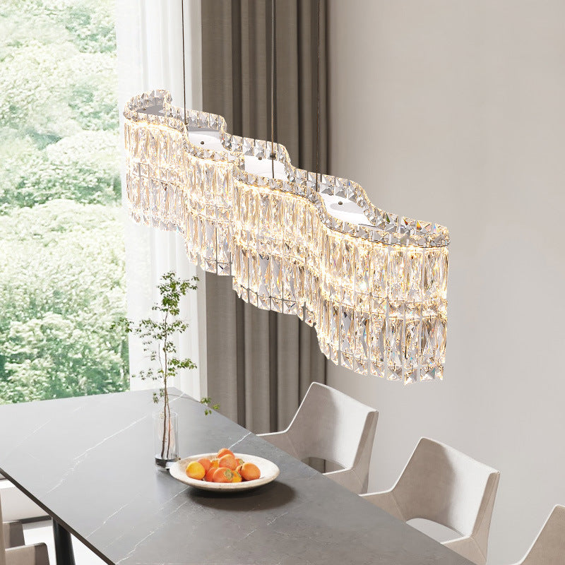 Sleek Stainless Steel Crystal Wave LED Chandelier for Dining Room Island
