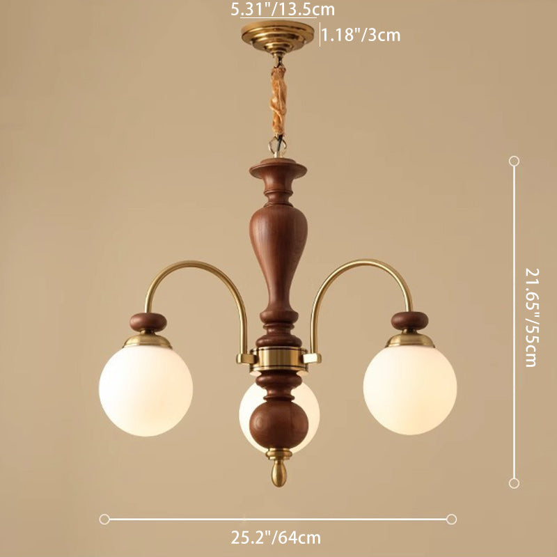 Retro Ash Wood and Glass Ball Column Chandeliers for Living Room