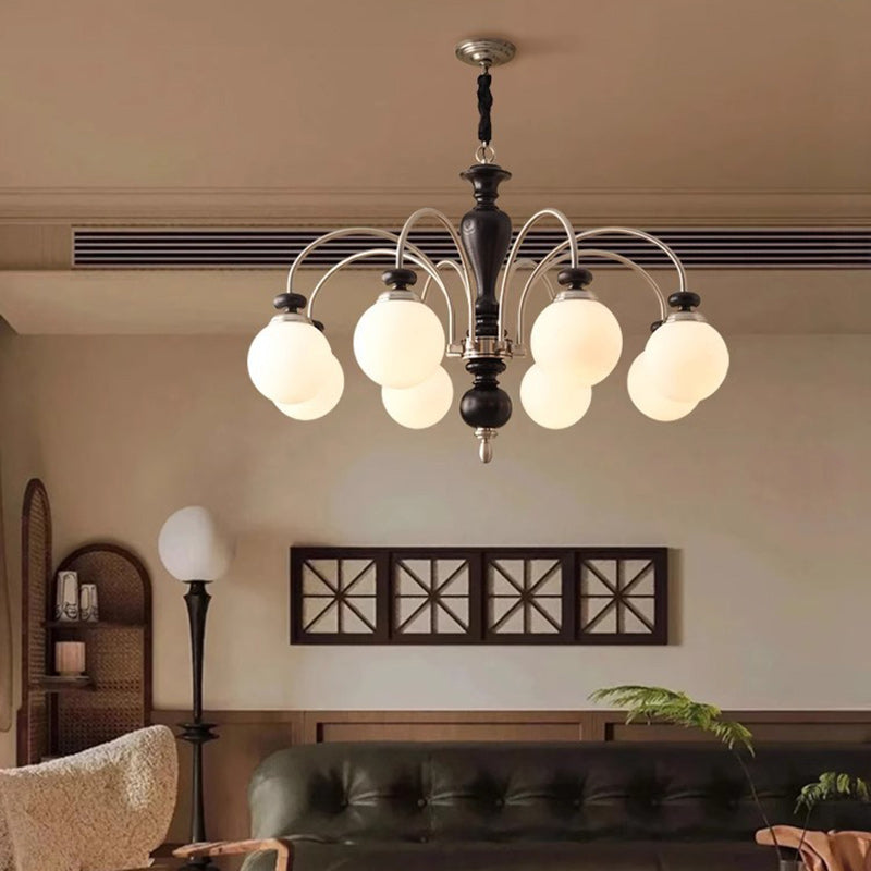 Retro Ash Wood and Glass Ball Column Chandeliers for Living Room