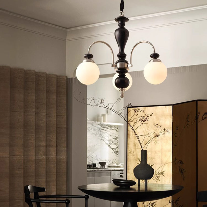 Retro Ash Wood and Glass Ball Column Chandeliers for Living Room