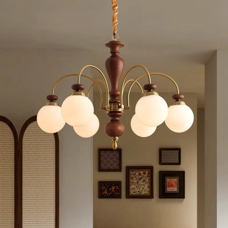 Retro Ash Wood and Glass Ball Column Chandeliers for Living Room
