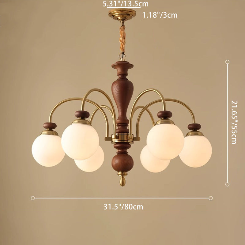 Retro Ash Wood and Glass Ball Column Chandeliers for Living Room