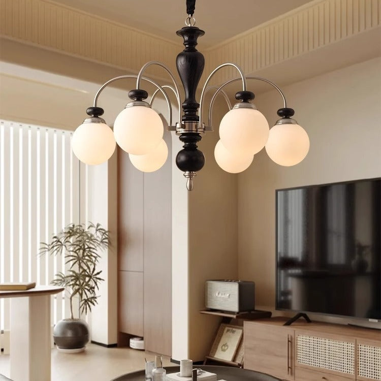 Retro Ash Wood and Glass Ball Column Chandeliers for Living Room
