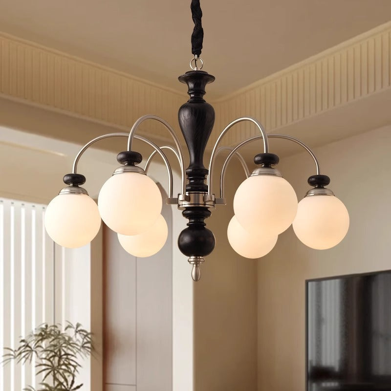 Retro Ash Wood and Glass Ball Column Chandeliers for Living Room