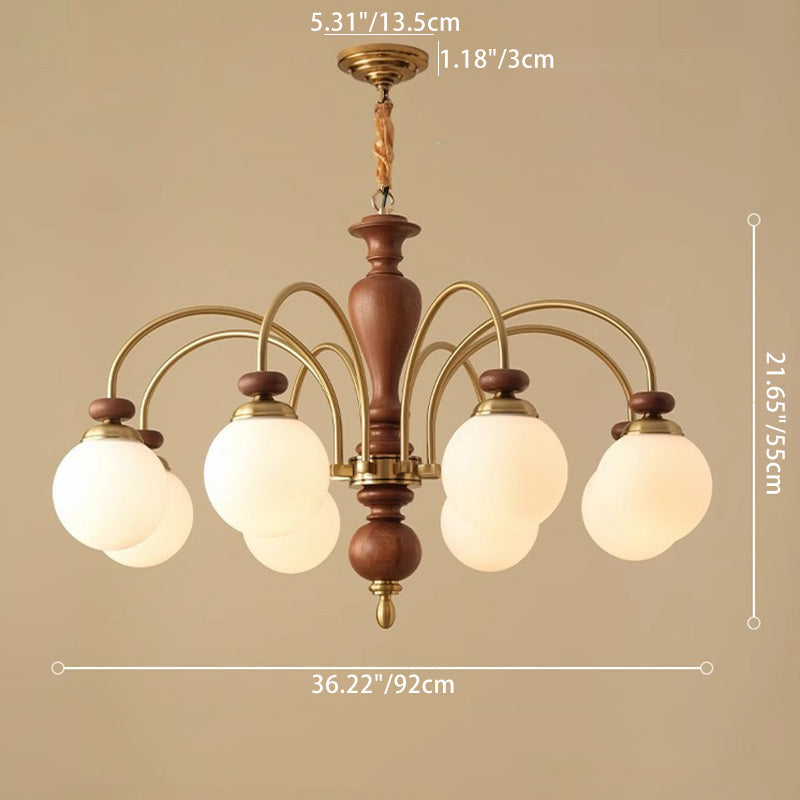 Retro Ash Wood and Glass Ball Column Chandeliers for Living Room