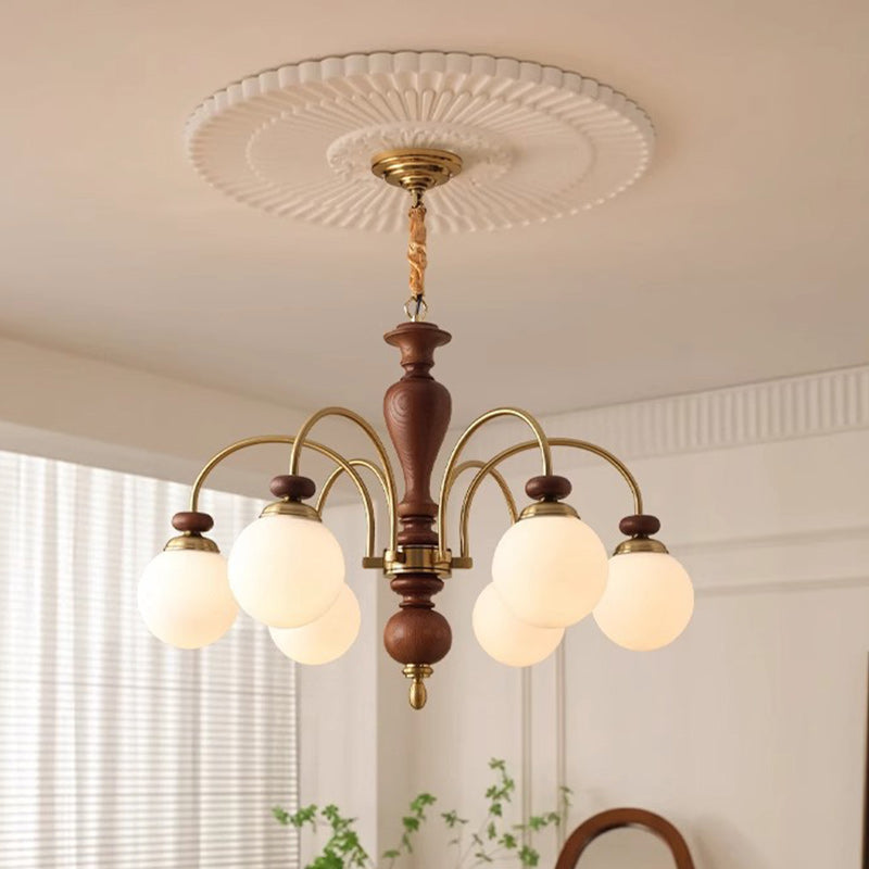 Retro Ash Wood and Glass Ball Column Chandeliers for Living Room