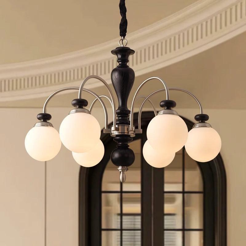 Retro Ash Wood and Glass Ball Column Chandeliers for Living Room