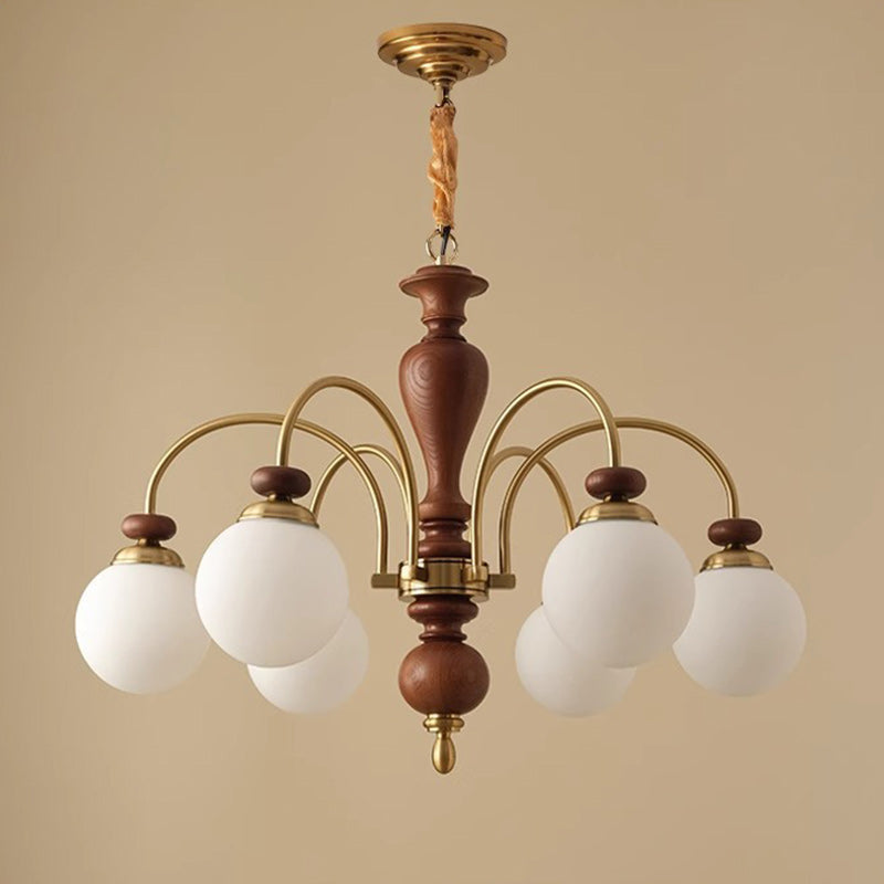Retro Ash Wood and Glass Ball Column Chandeliers for Living Room